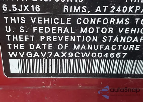 2012 Volkswagen Tiguan S z USA, uszkodzony, nr VIN WVGAV7AX9CW004667